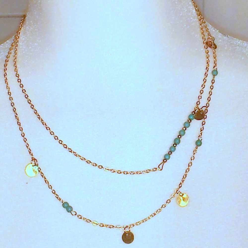 Tiny Double Strand Turquoise & Gold Necklace